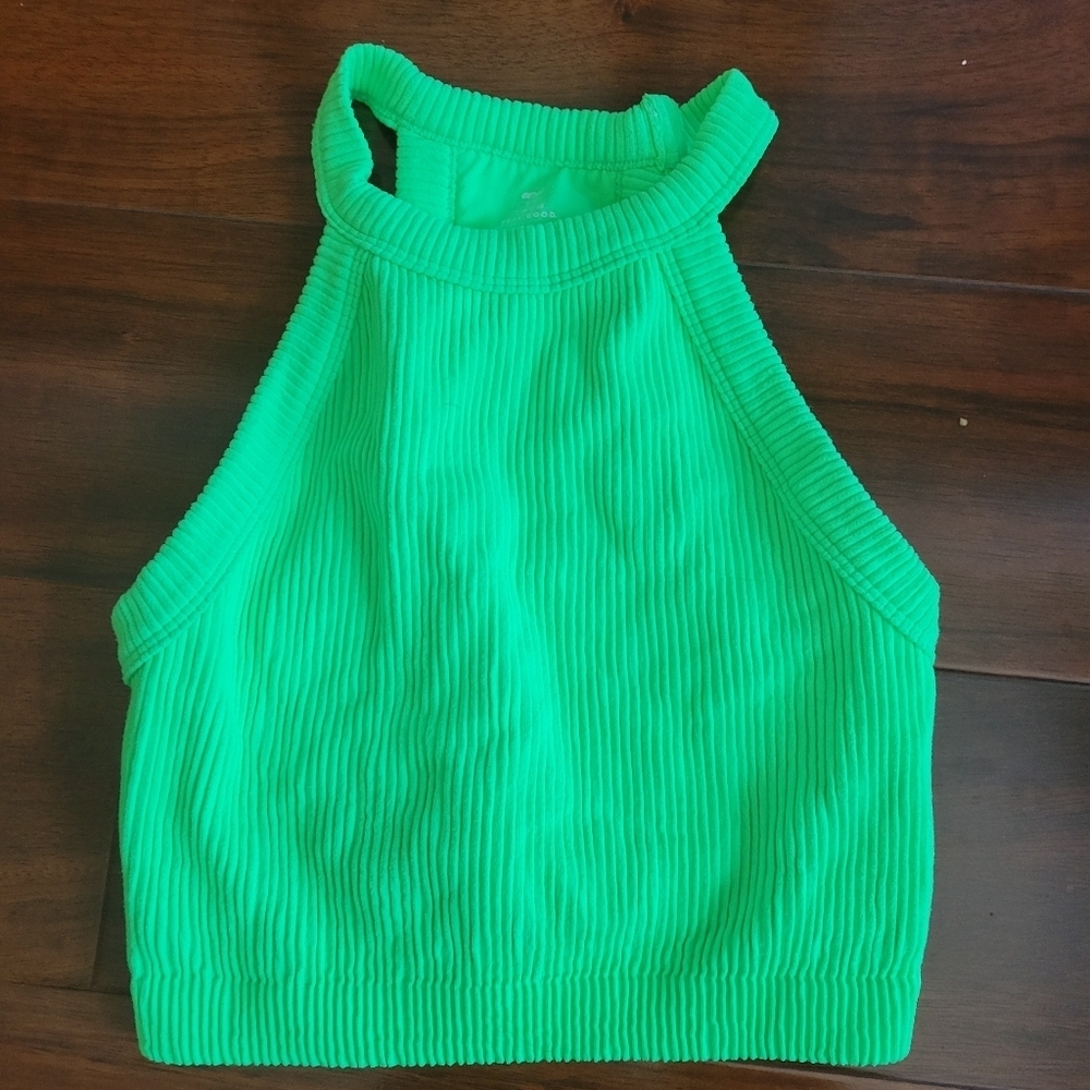 Aerie Ribbed High Neck Halter Bikini Top Neon Lime Green Brat S - Picture 4 of 5